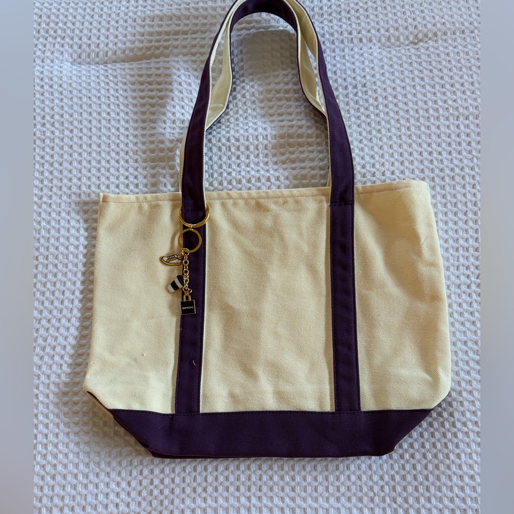 Cream Canvas Tote with Purple Trim and Gold Charm